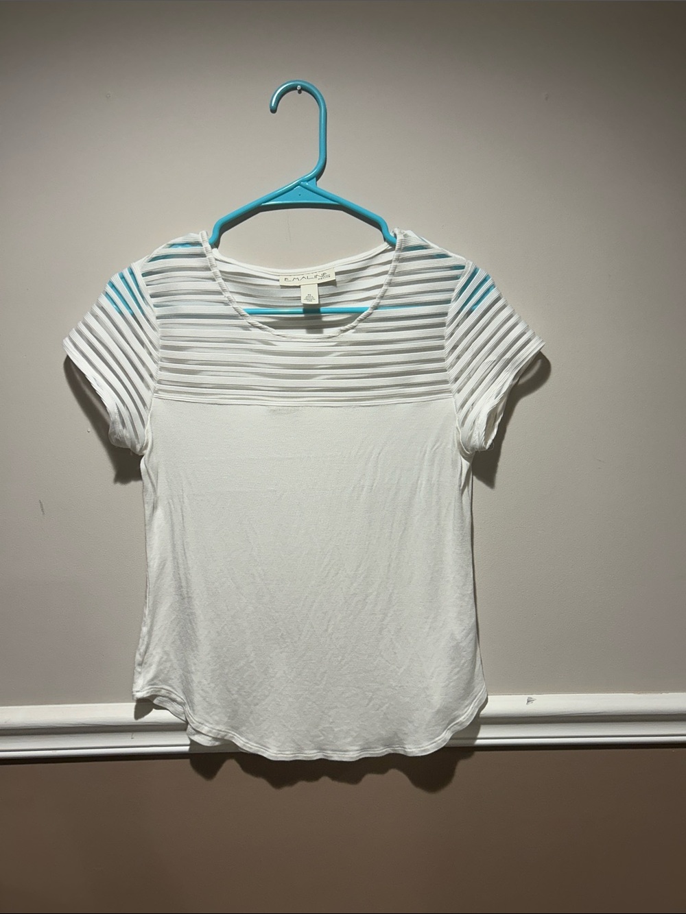 Women's White Short Sleeve Top with Sheer Stripe Yoke